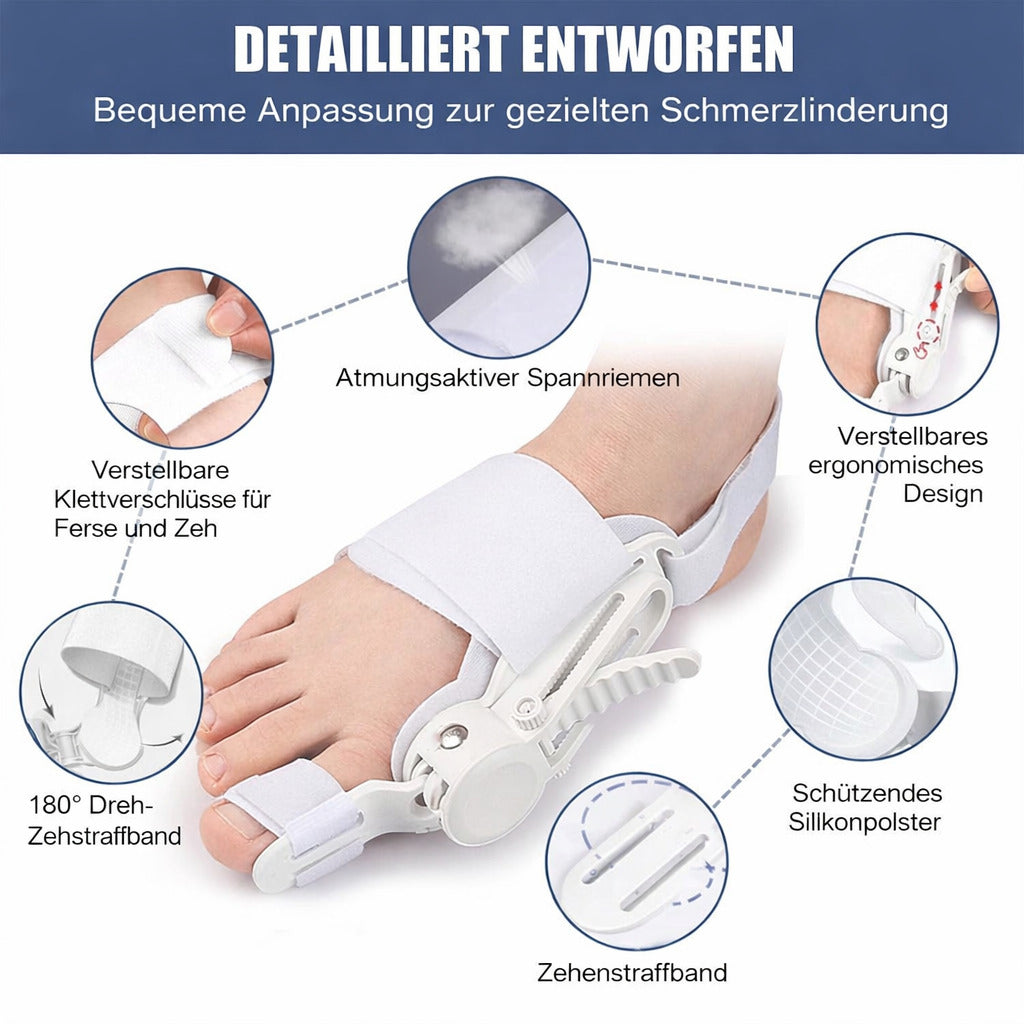 Hallux valgus Korrektor mit Drehverstellung, links/rechts tragbar, individuell einstellbar, für Alltag & Entspannung