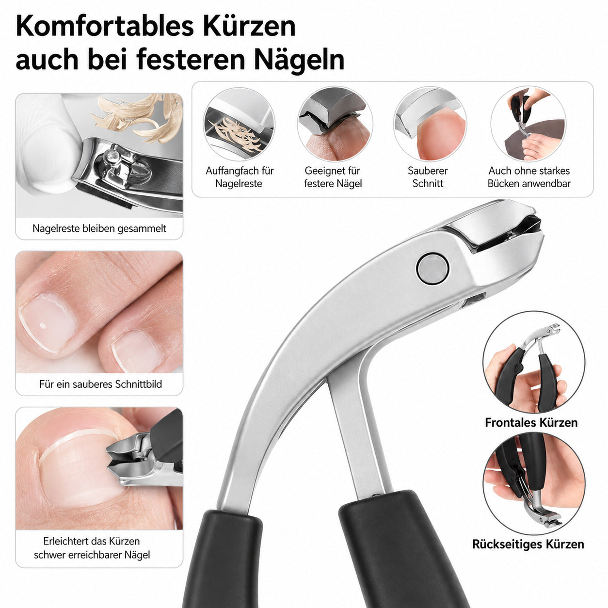 COOL-i ergonomischer Zehennagelknipser aus Edelstahl mit langem Griff, präzisem Schnitt & Auffangfach