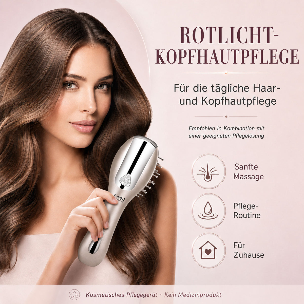 Cool-i® 5-in-1 Kopfhautpflegebürste – Mit 4-farbiger LED-Anwendung, Infrarot, EMS, Ionenfunktion, Nebel- und Vibrationspflege für die ergänzende Kopfhautpflege (Champagnergold)