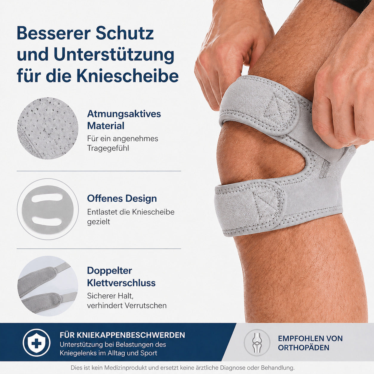 2er Set Patella Kniebandage verstellbar, elastischer Doppel-Stützgurt, rutschfest & atmungsaktiv für Sport & Alltag