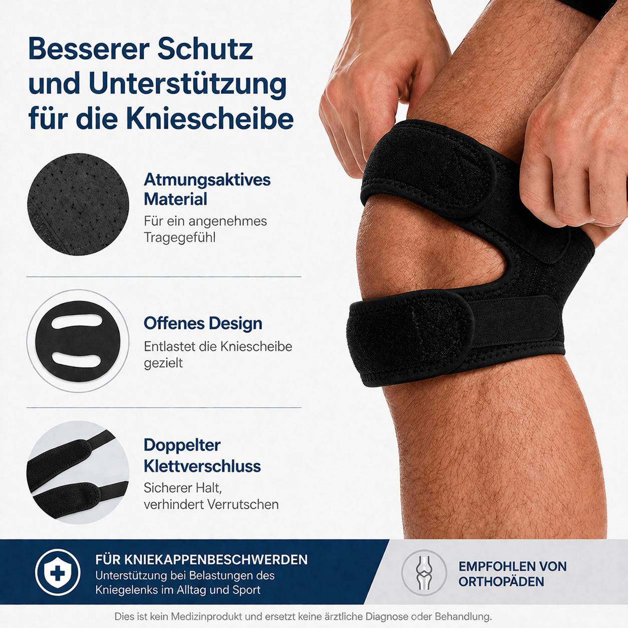 2er Set Patella Kniebandage verstellbar, elastischer Doppel-Stützgurt, rutschfest & atmungsaktiv für Sport & Alltag
