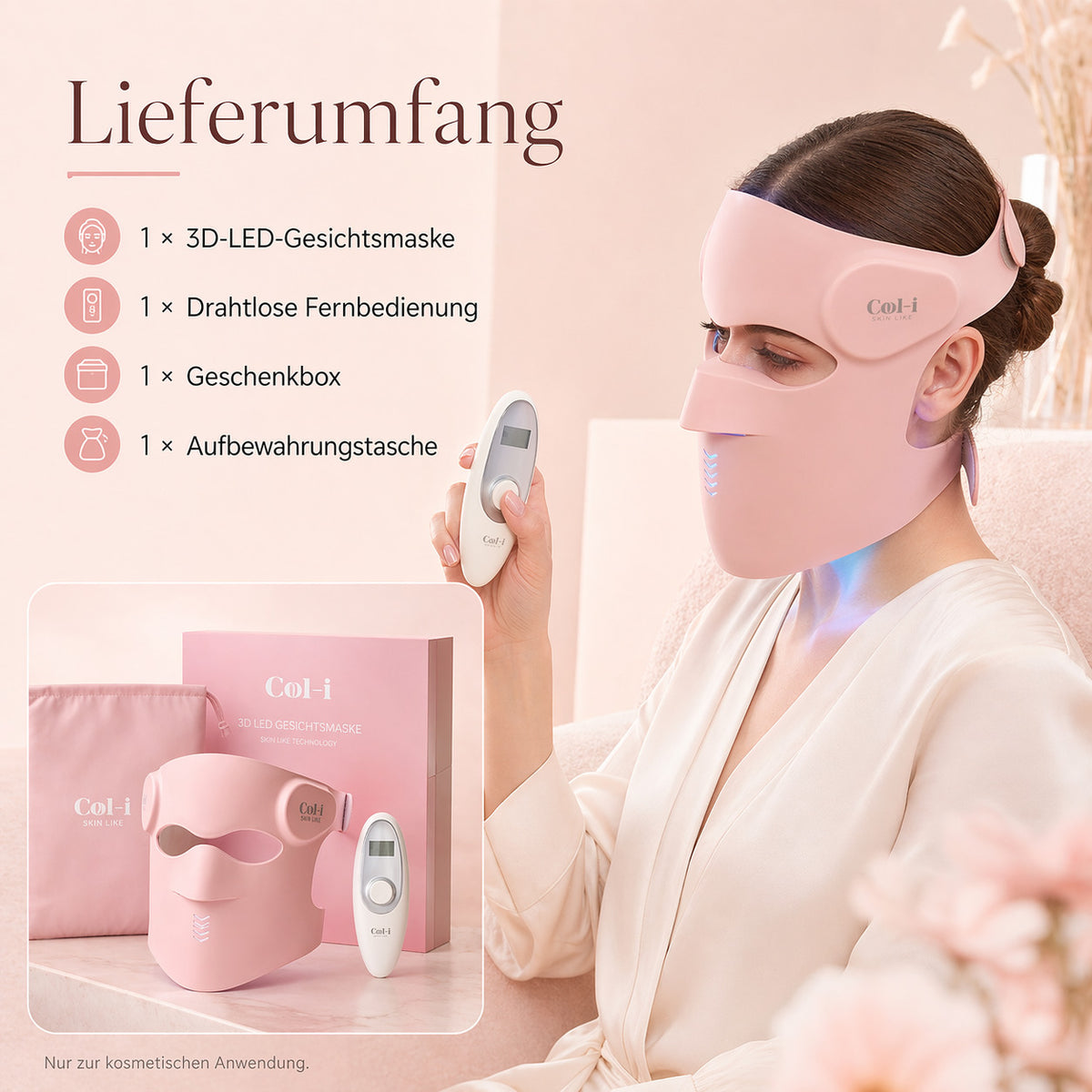 Cool-i® 3D LED Gesichtsmaske – 9 Lichtfarben, kabellos mit Fernbedienung, hautfreundliches Silikon, Lichttherapie für Anti-Aging, Akne & Hautpflege