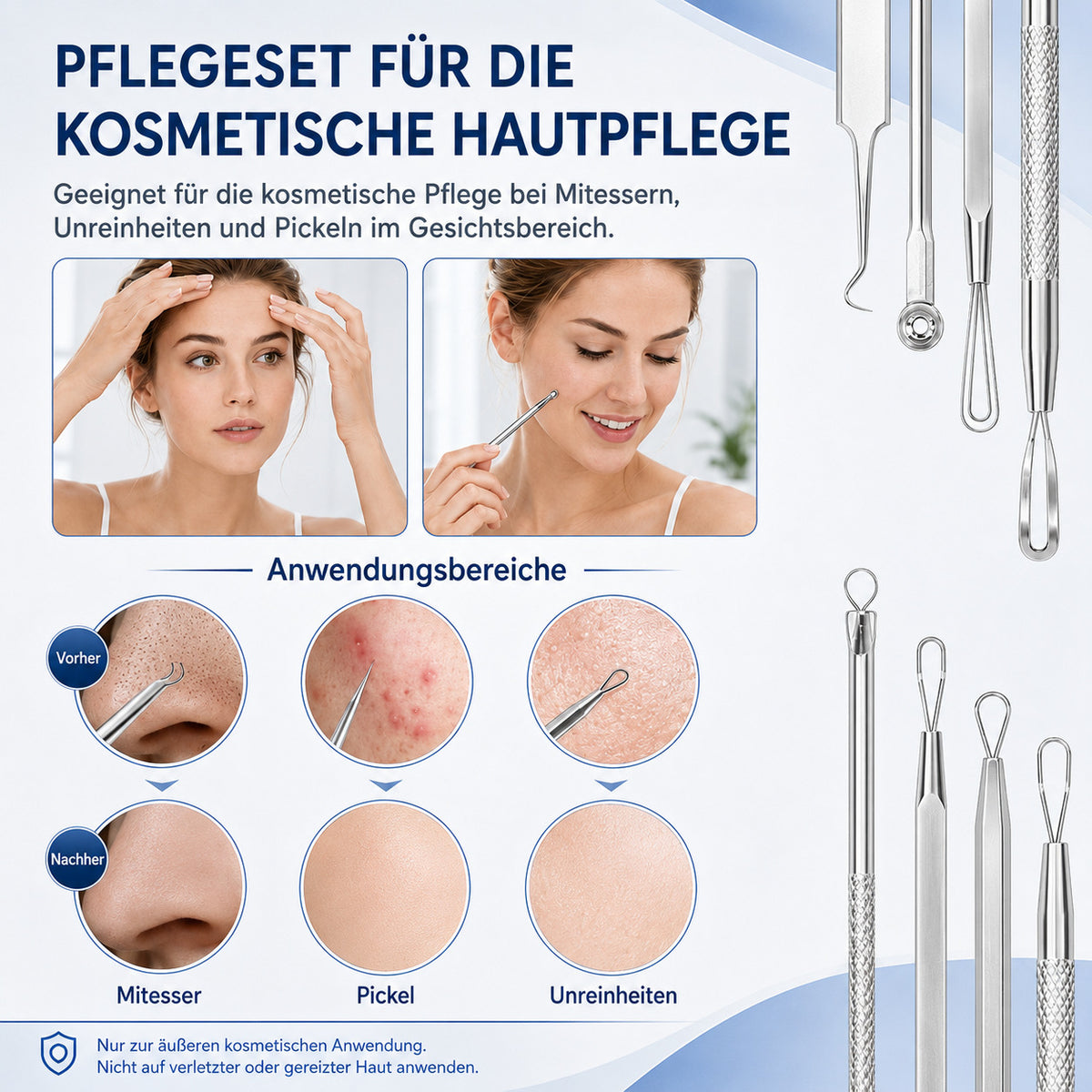 COOL-i 11 teiliges Mitesserentferner Set aus Edelstahl mit Etui, Komedonen Werkzeuge für kosmetische Pflege