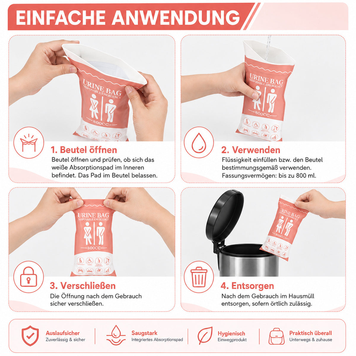 COOL-i Notfall Urinbeutel 12er Set, 800 ml Einweg Urinbeutel, Unisex Reise WC für Auto, Camping & Outdoor