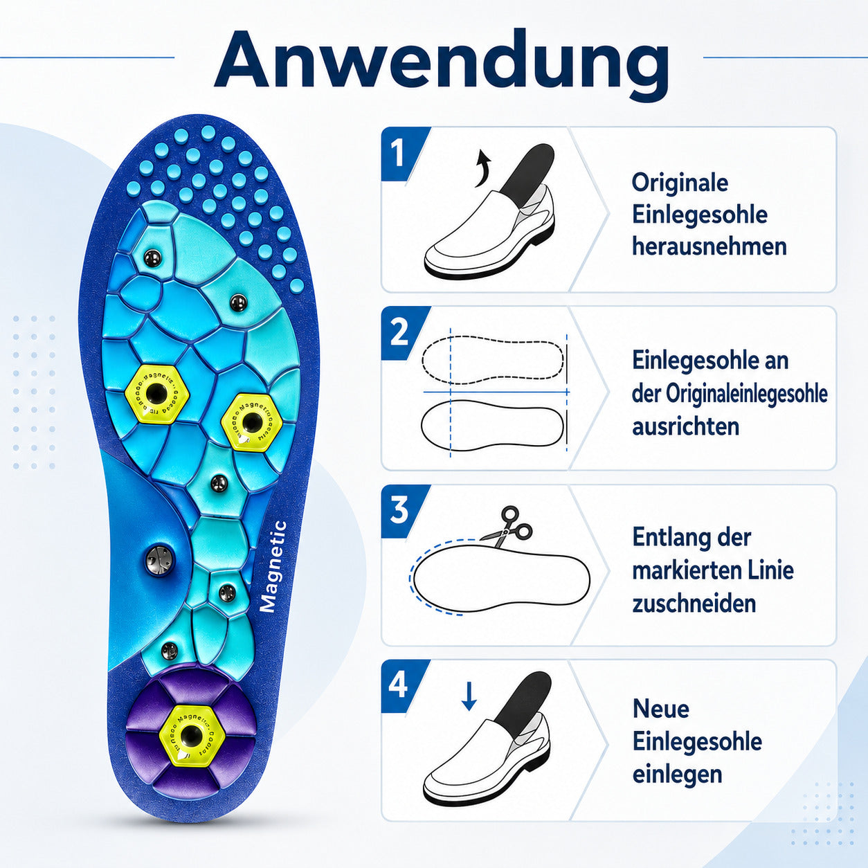 Magnetische Massage Einlegesohlen mit Akupressurpunkten, zuschneidbar, stoßdämpfend, atmungsaktiv für Alltag & Sport