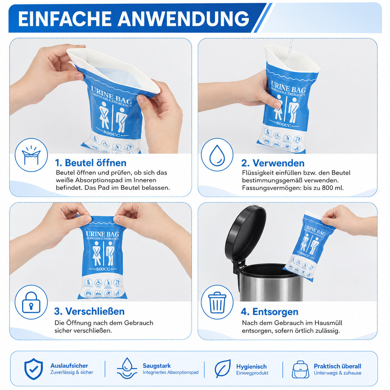 COOL-i Notfall Urinbeutel 12er Set, 800 ml Einweg Urinbeutel, Unisex Reise WC für Auto, Camping & Outdoor