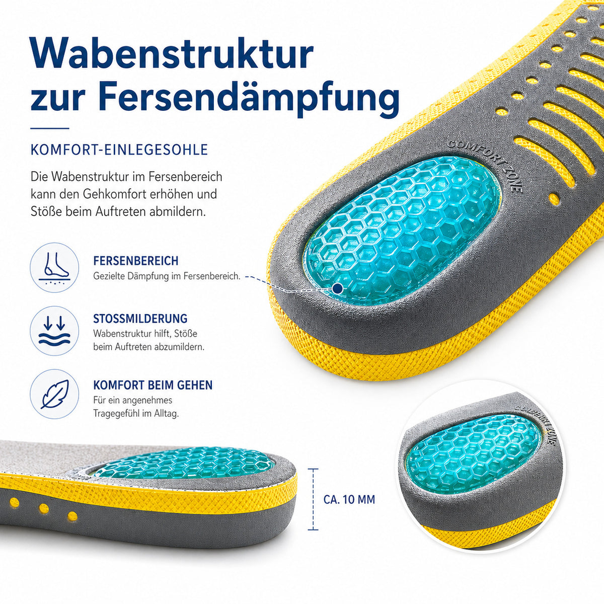 Komfort Einlegesohlen mit Gel Dämpfung, atmungsaktiv, zuschneidbar, Fußgewölbestütze für Alltag & Sport