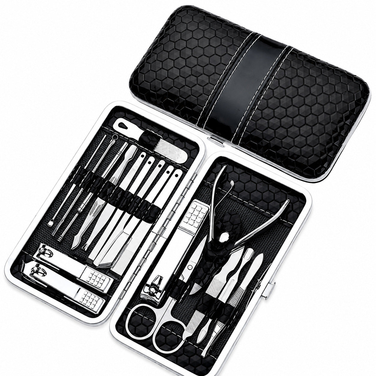 18 teiliges Maniküre Set aus Edelstahl mit PU Etui, Nagelpflege Set für Hände, Füße & Gesicht, Reiseetui