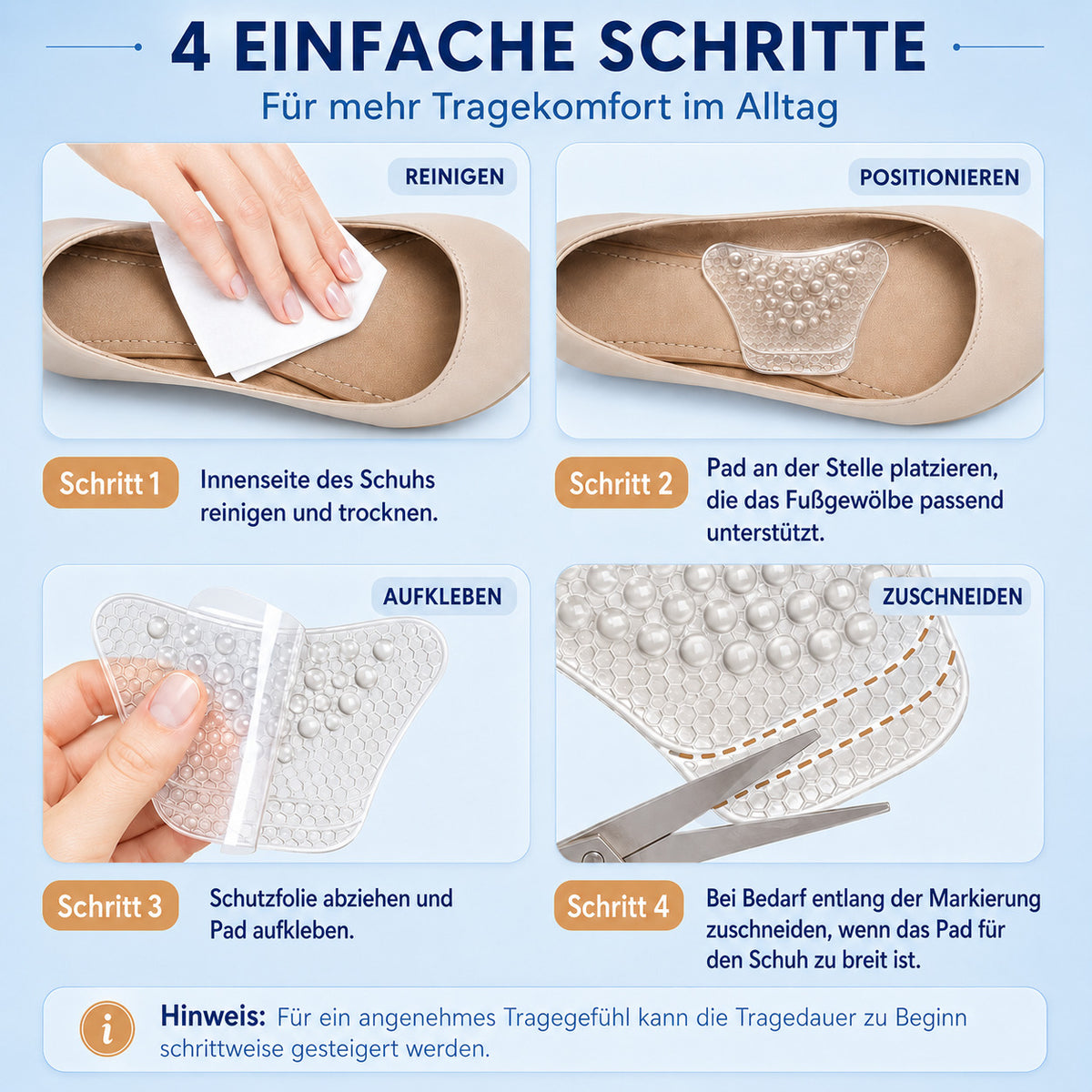 COOL-i Fußgewölbe Pads 2 Paar, Gel Arch Support Einlagen mit 2 Höhen, selbstklebend & zuschneidbar