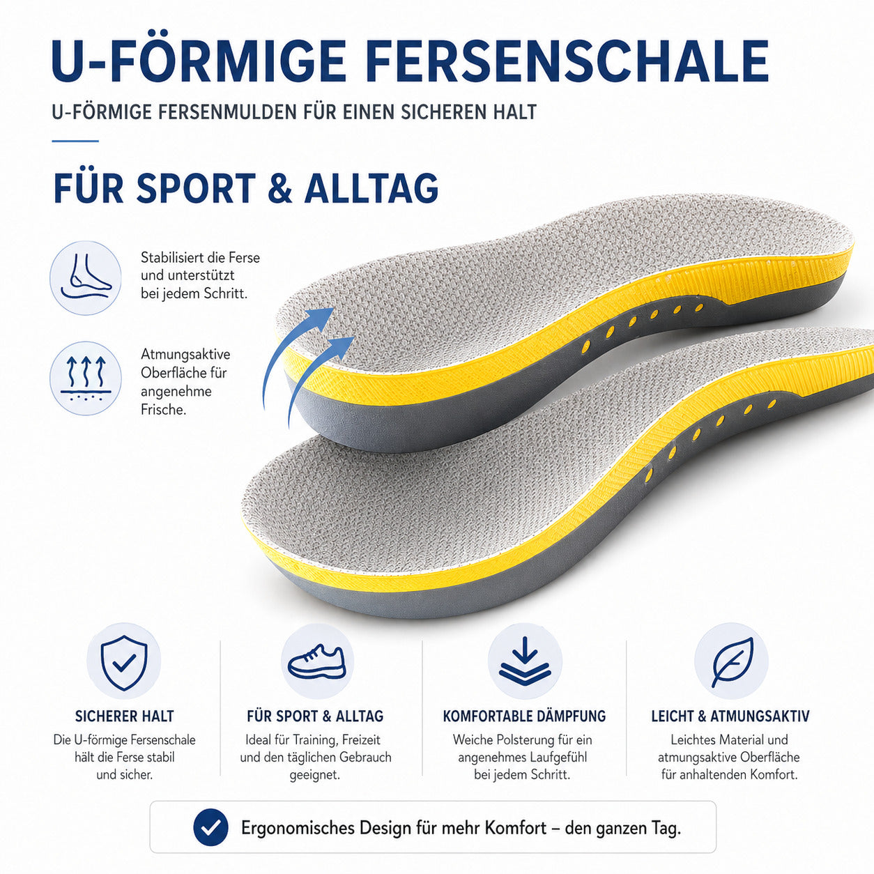 Komfort Einlegesohlen mit Gel Dämpfung, atmungsaktiv, zuschneidbar, Fußgewölbestütze für Alltag & Sport