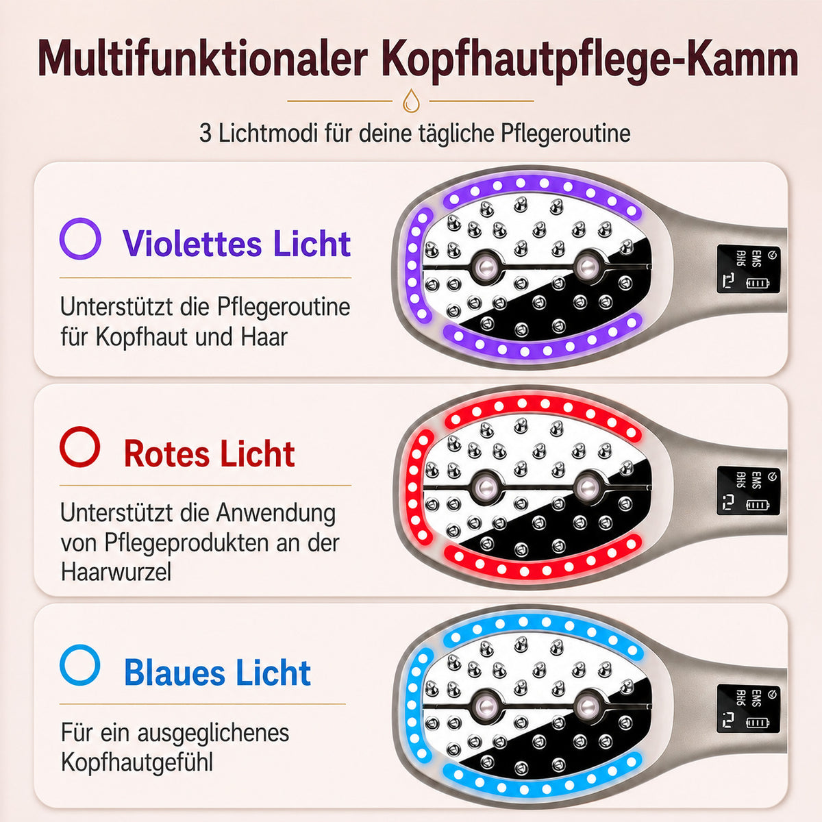 Cool-i® 5-in-1 Kopfhautpflegebürste – Mit 4-farbiger LED-Anwendung, Infrarot, EMS, Ionenfunktion, Nebel- und Vibrationspflege für die ergänzende Kopfhautpflege (Champagnergold)