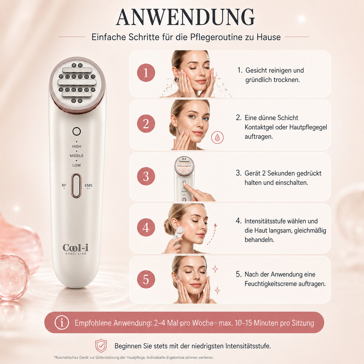 COOL-i RF Beautygerät mit EMS & LED, 3 Stufen, USB-C, für kosmetische Hautpflege