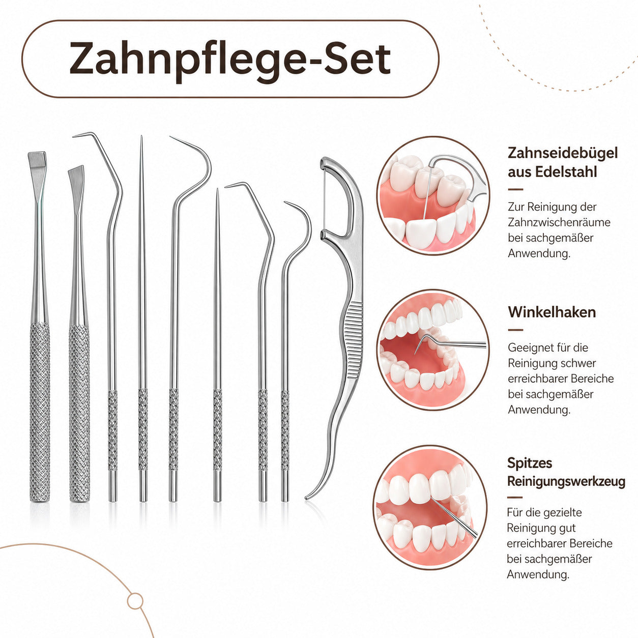 Zahnpflege-Set, 9er Pack Edelstahl Zahnstocher,wiederverwendbar,Ideal für Unterwegs