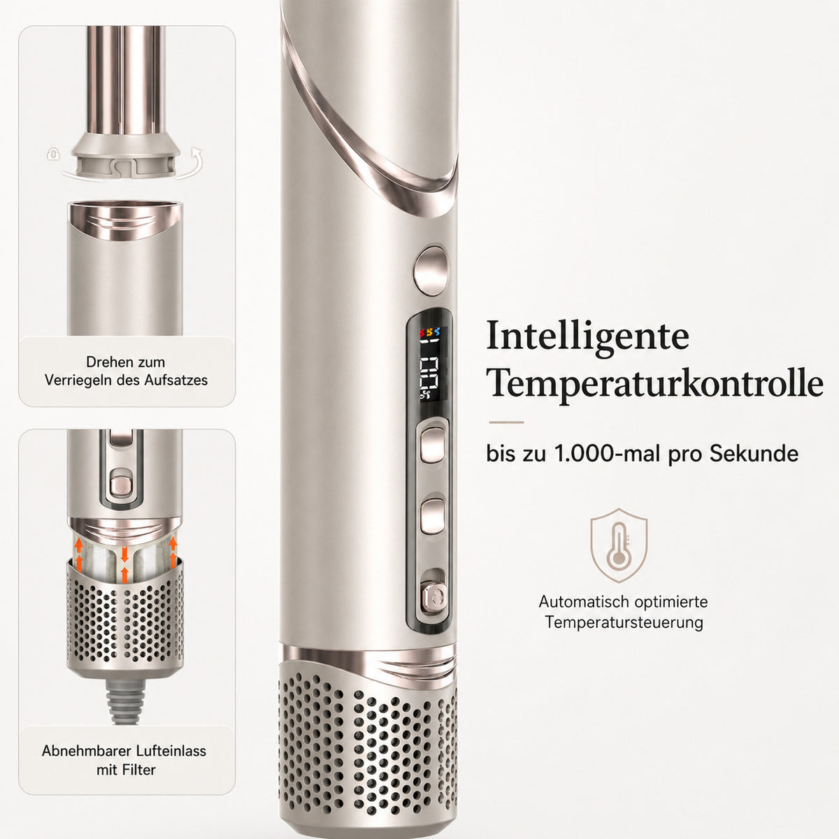 Cool-i ® Airstyler 8 in 1, 1400W Heißluftbürste, Hairstyler-Set mit Diffusor, Glättungstrockner, Rundbürste, Volumenbürste, Lockenwickler, 4 Temperaturen & 3 Windstufen.