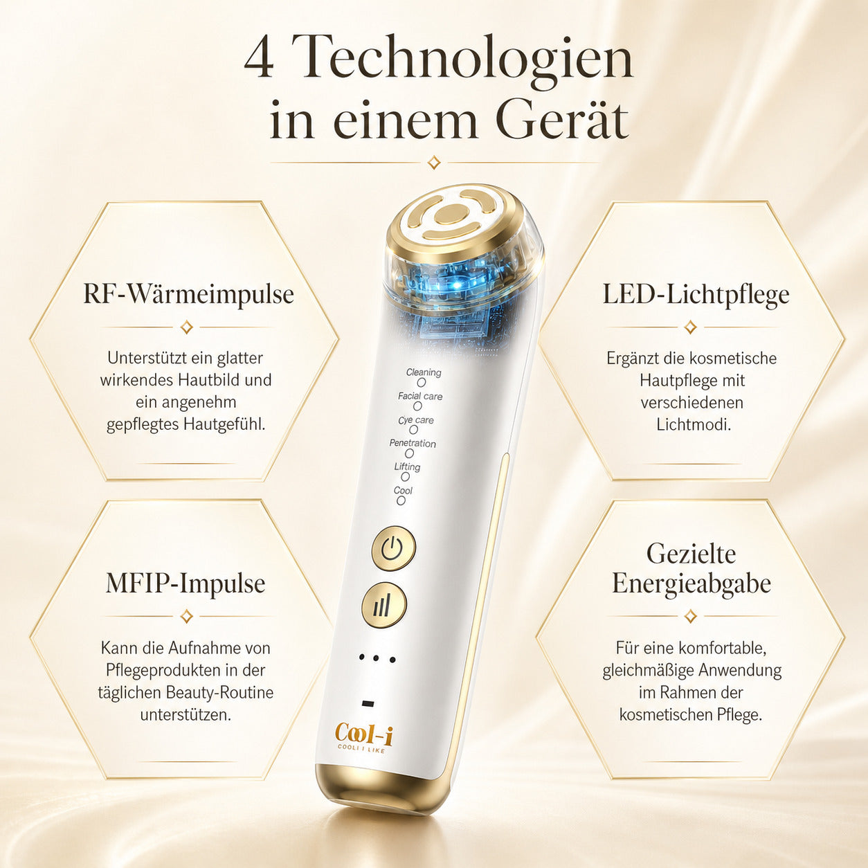 COOL-i® 2MHz RF & EMS Gesichtsmassagegerät – 6-in-1 Hautverjüngung mit Ultraschall, Licht & Kühlmodus