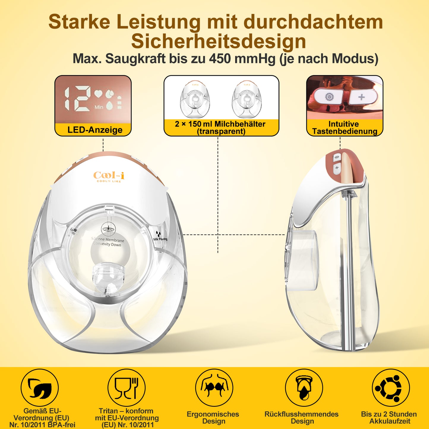 Cool-i® Elektrische Tragbare Milchpumpe GLE32 – BPA-frei, 3 Modi & 12 Stufen, 3 Flanschgrößen (18/21/24 mm), 300 ml