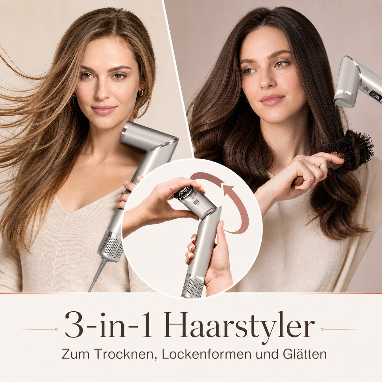 Cool-i ® Airstyler 8 in 1, 1400W Heißluftbürste, Hairstyler-Set mit Diffusor, Glättungstrockner, Rundbürste, Volumenbürste, Lockenwickler, 4 Temperaturen & 3 Windstufen.