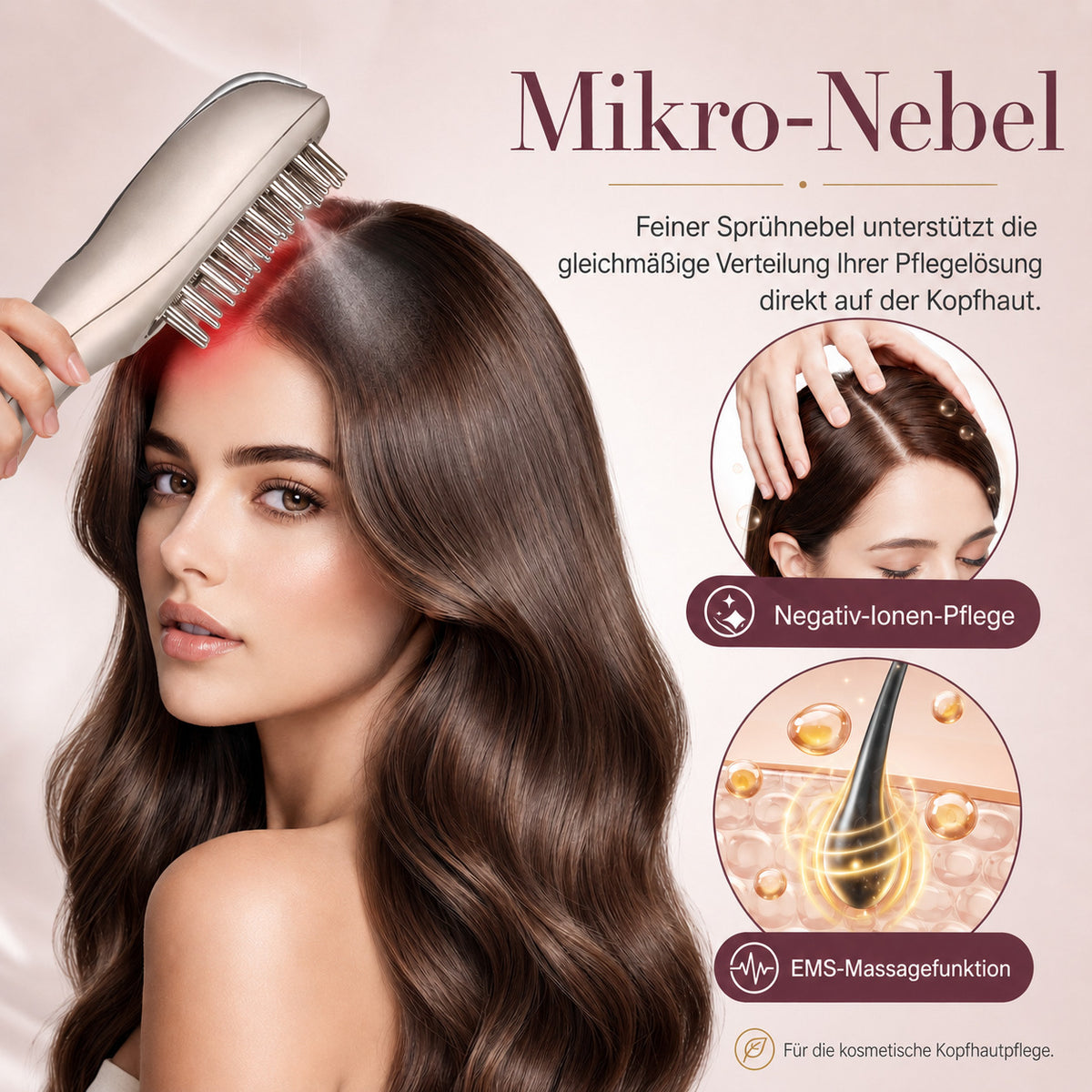 Cool-i® 5-in-1 Kopfhautpflegebürste – Mit 4-farbiger LED-Anwendung, Infrarot, EMS, Ionenfunktion, Nebel- und Vibrationspflege für die ergänzende Kopfhautpflege (Champagnergold)