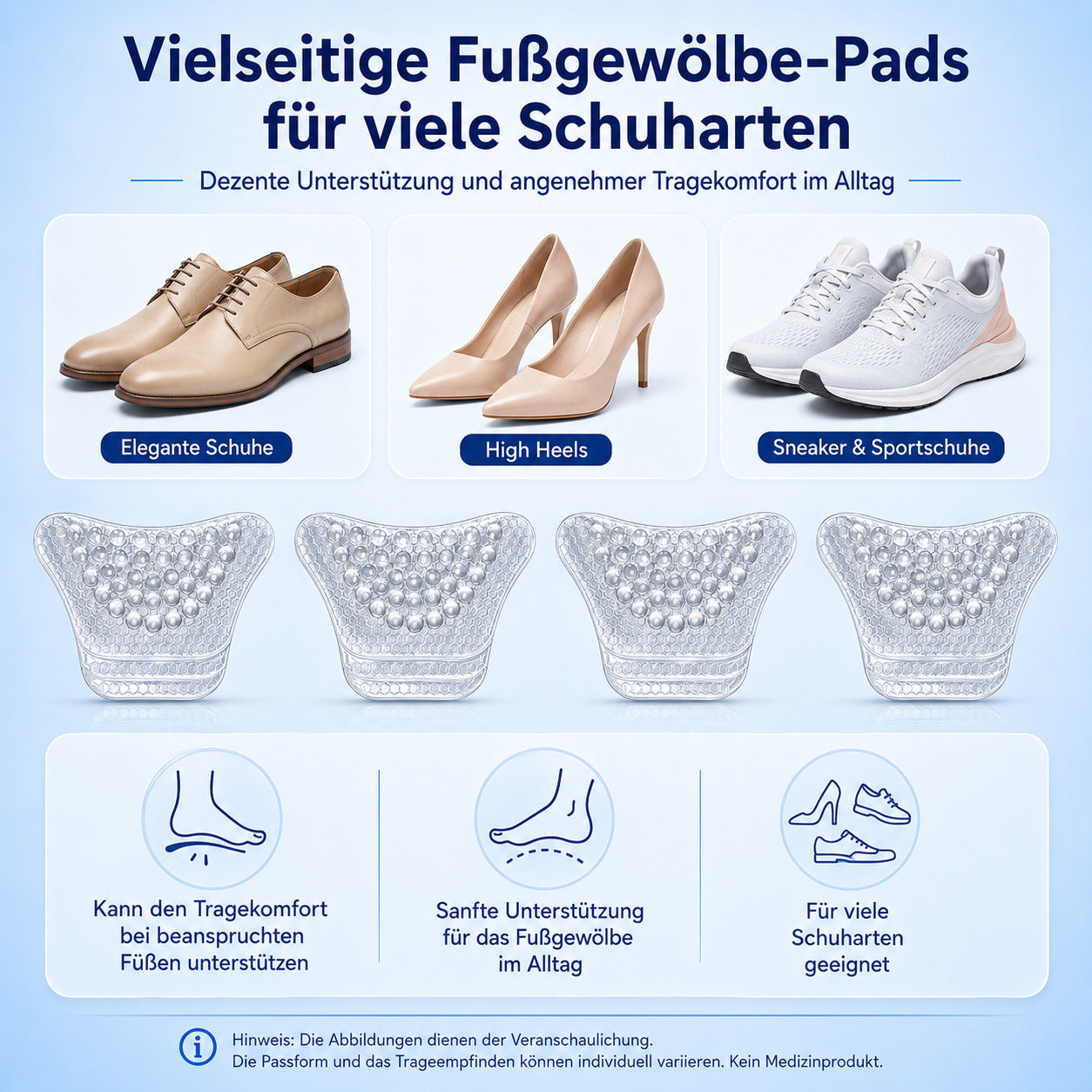 COOL-i Fußgewölbe Pads 2 Paar, Gel Arch Support Einlagen mit 2 Höhen, selbstklebend & zuschneidbar
