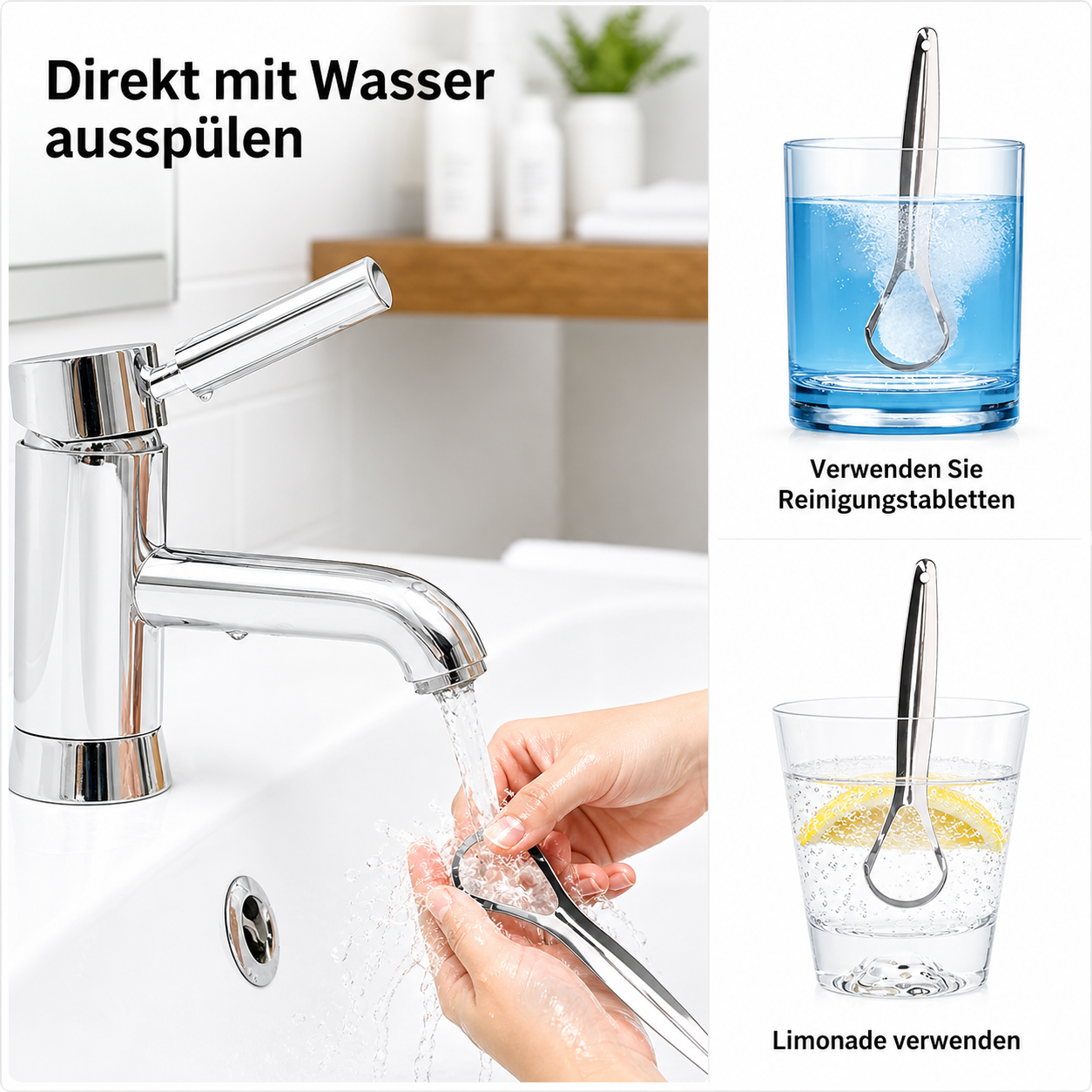 Edelstahl Zungenreiniger Set, 4 Zungenschaber, wiederverwendbar für tägliche Mundhygiene