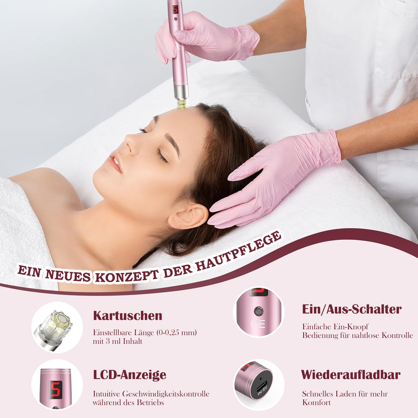 Cool-i ® Microneedling Pen mit Serum-Auftrag – Kabelloser, 5 Stufen Serum gleichmäßig auf Gesicht und Körper auftragen.A3