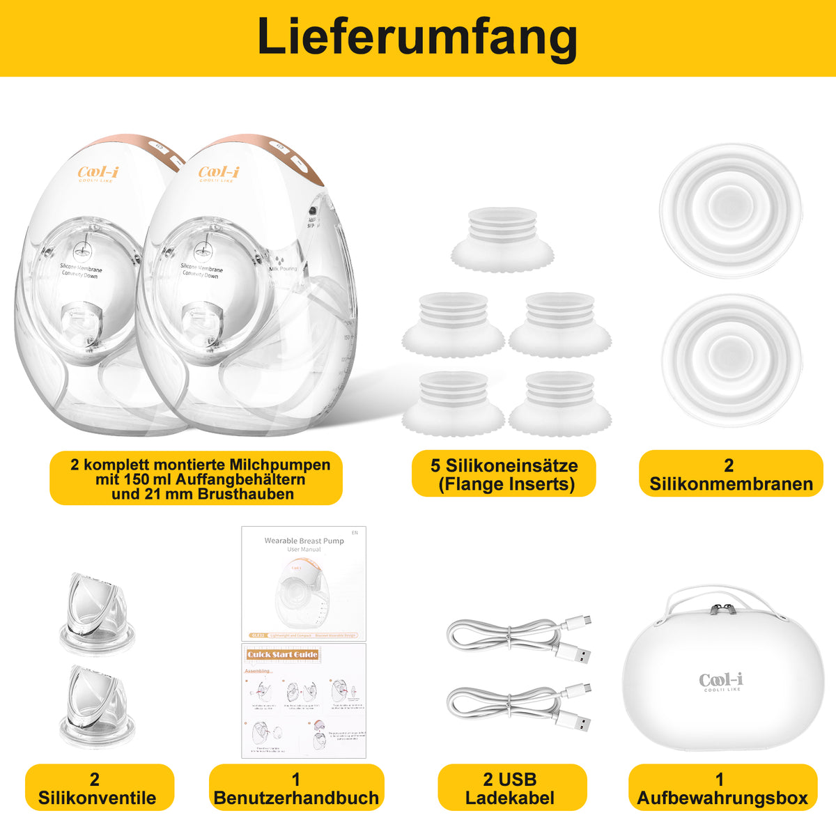 Cool-i® Elektrische Tragbare Milchpumpe GLE32 – BPA-frei, 3 Modi & 12 Stufen, 3 Flanschgrößen (18/21/24 mm), 300 ml