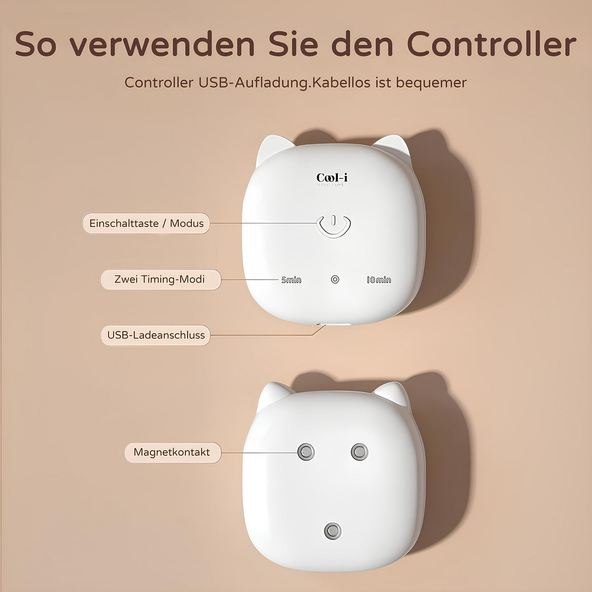 Kabelloser Controller der COOL-i LED Maske mit USB-Ladeanschluss und zwei Timer-Einstellungen (5 und 10 Minuten)