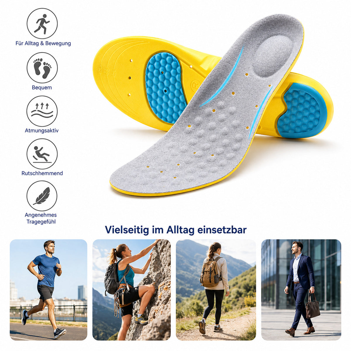 3D Einlegesohlen mit Gel-Dämpfung, atmungsaktiv & zuschneidbar für Alltag & Sport