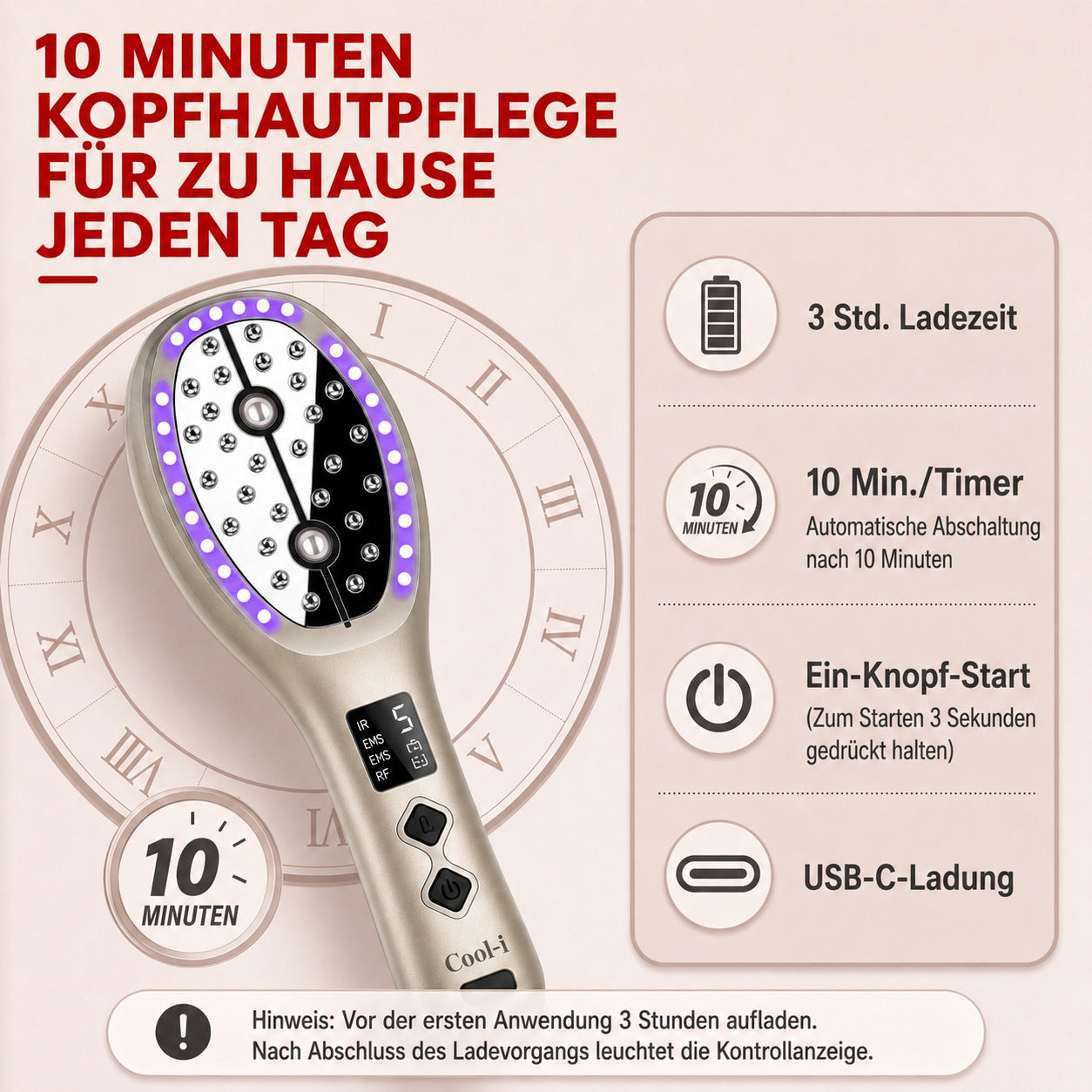 Cool-i® 5-in-1 Kopfhautpflegebürste – Mit 4-farbiger LED-Anwendung, Infrarot, EMS, Ionenfunktion, Nebel- und Vibrationspflege für die ergänzende Kopfhautpflege (Champagnergold)