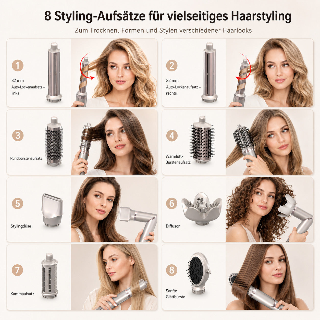 Cool-i ® Airstyler 8 in 1, 1400W Heißluftbürste, Hairstyler-Set mit Diffusor, Glättungstrockner, Rundbürste, Volumenbürste, Lockenwickler, 4 Temperaturen & 3 Windstufen.