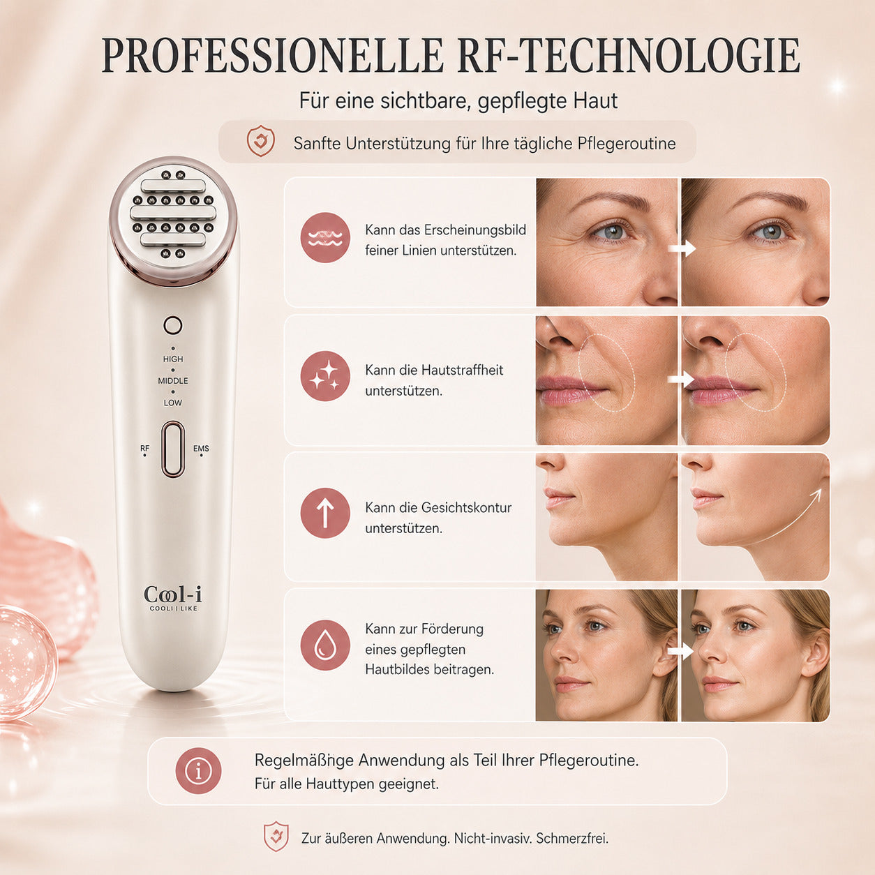 COOL-i RF Beautygerät mit EMS & LED, 3 Stufen, USB-C, für kosmetische Hautpflege