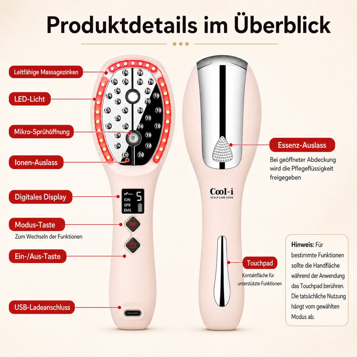 Cool-i ® 5-in-1 Kopfhaut-Massagebürste – Mit 4-Farben-LED + Infrarot für Haarwachstum, EMS, Vernebelung, Ionen & Massage für gesunde Kopfhaut und kräftiges Haar