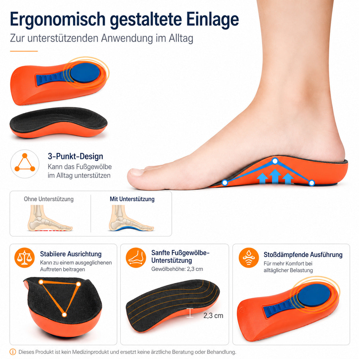 COOL-i Fußgewölbe Halbsohlen 1 Paar, 2,3 cm Arch Support Einlagen, stoßdämpfende Fußbogenstütze