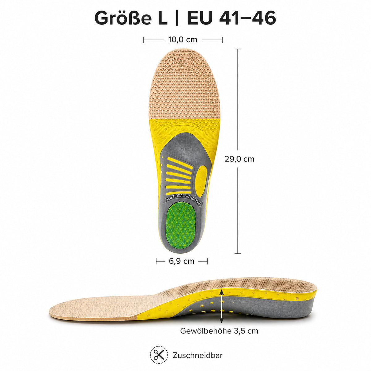 Komfort Einlegesohlen mit Gel Dämpfung, atmungsaktiv, zuschneidbar, Fußgewölbestütze für Alltag & Sport