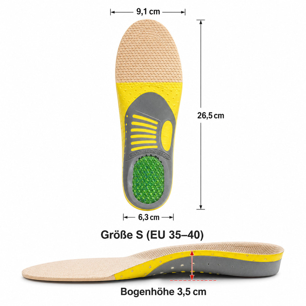 Komfort Einlegesohlen mit Gel Dämpfung, atmungsaktiv, zuschneidbar, Fußgewölbestütze für Alltag & Sport
