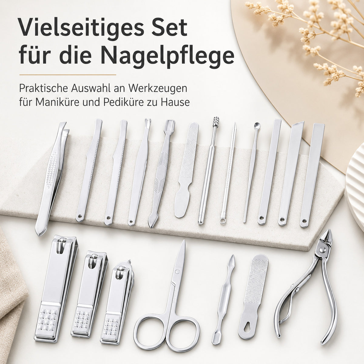18 teiliges Maniküre Set aus Edelstahl mit PU Etui, Nagelpflege Set für Hände, Füße & Gesicht, Reiseetui