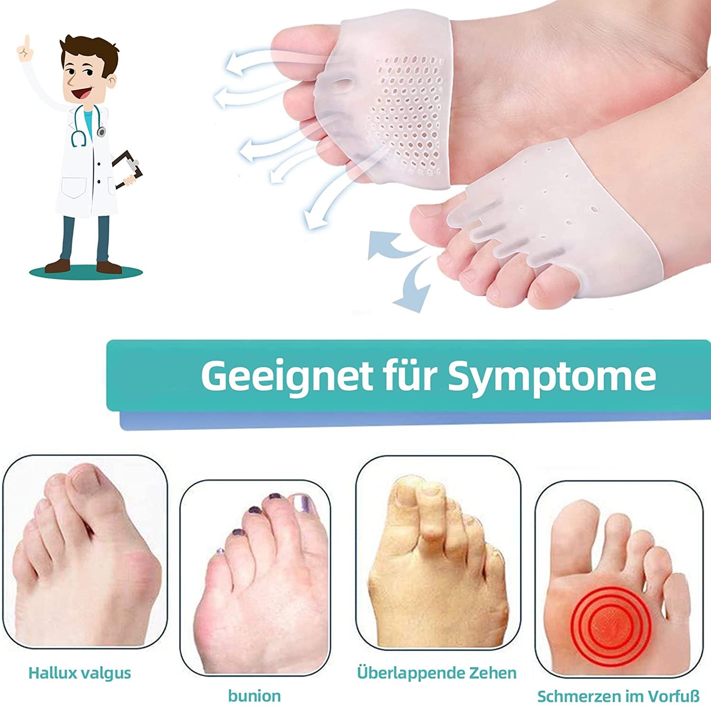 Vorfußpolster aus Silikon, weich & rutschfest, Ballenschutz für Damen & Herren, 4 Stück