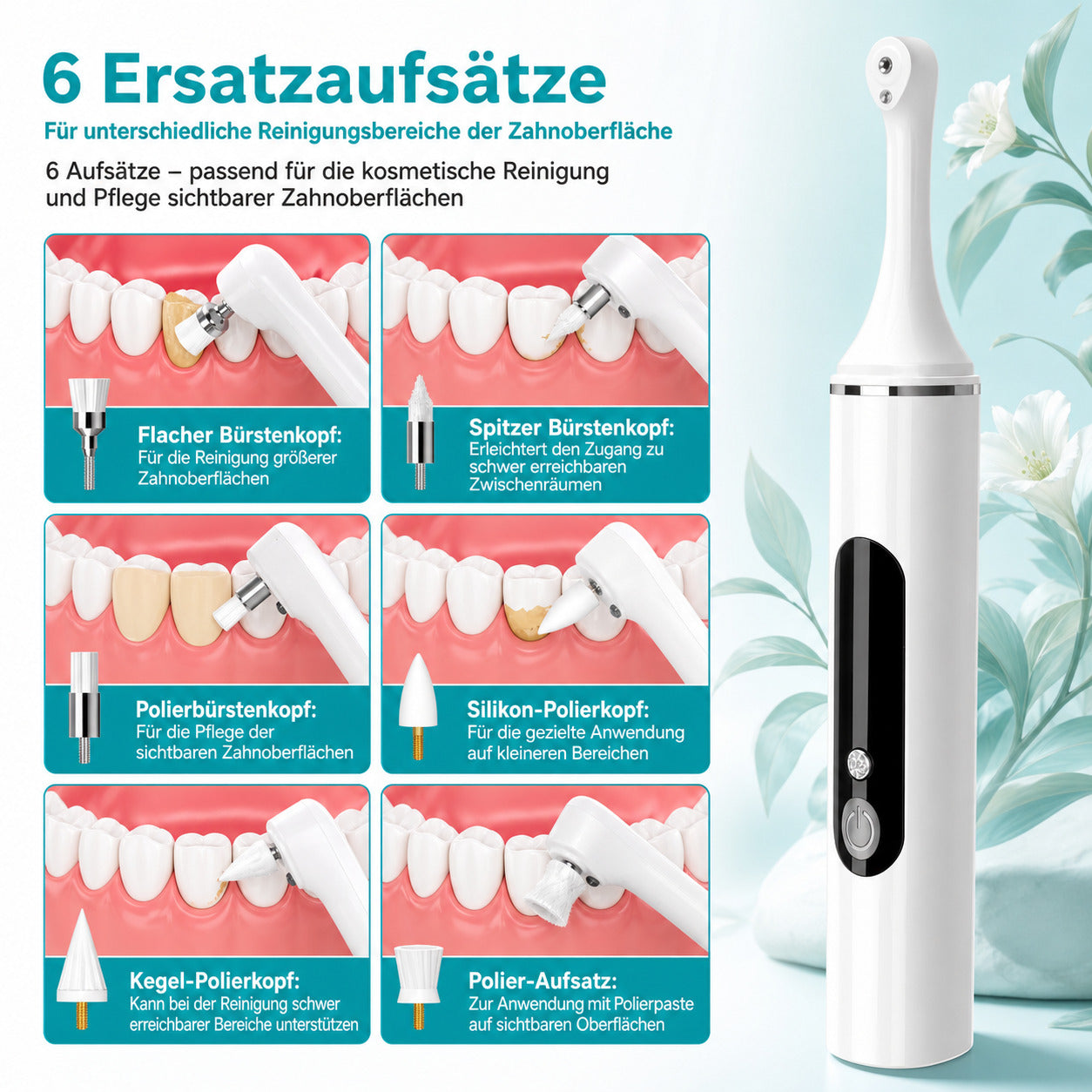 Cool-i® Zahnpolierer Set mit LED & 5 Modi& 6 Köpfen, – Für kosmetische Zahnpflege, sanftes Aufhellen & frischen Atem