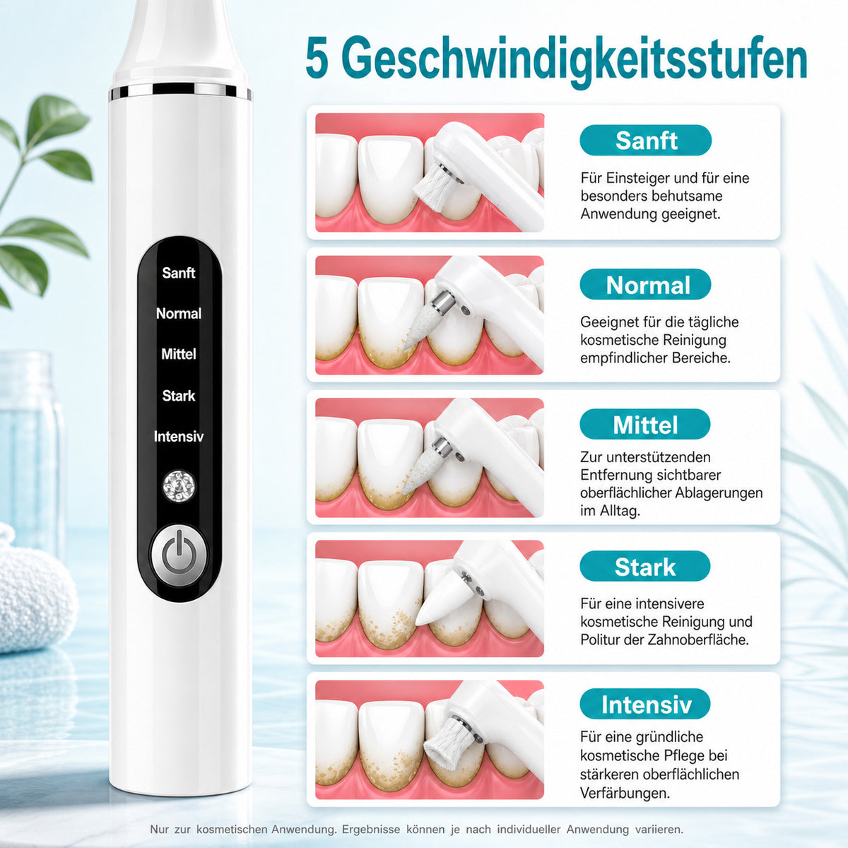 Cool-i® Zahnpolierer Set mit LED & 5 Modi& 6 Köpfen, – Für kosmetische Zahnpflege, sanftes Aufhellen & frischen Atem