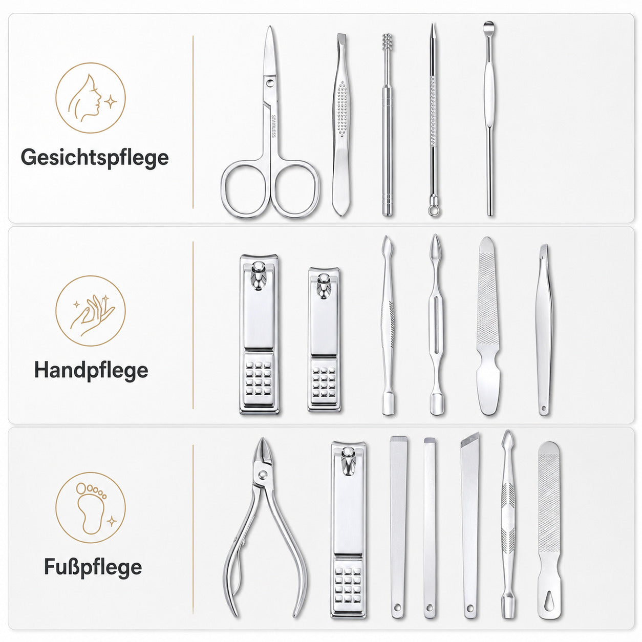 18 teiliges Maniküre Set aus Edelstahl mit PU Etui, Nagelpflege Set für Hände, Füße & Gesicht, Reiseetui