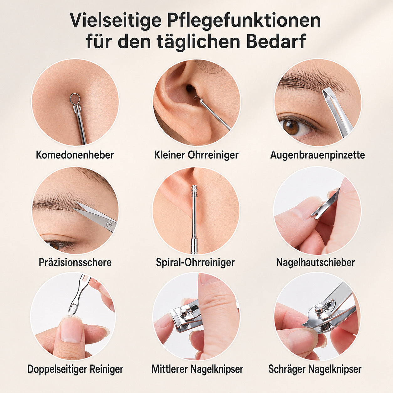 18 teiliges Maniküre Set aus Edelstahl mit PU Etui, Nagelpflege Set für Hände, Füße & Gesicht, Reiseetui