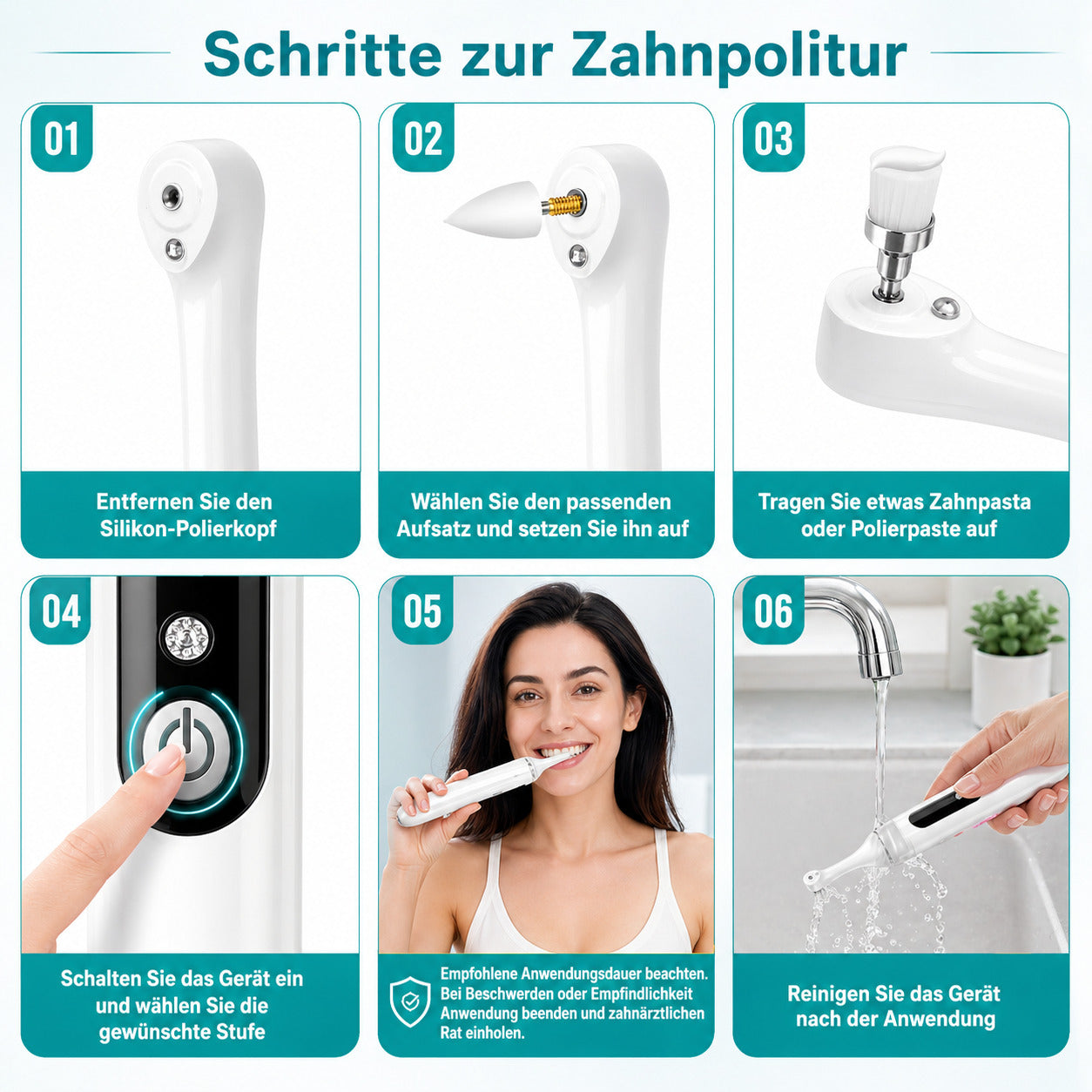 Cool-i® Zahnpolierer Set mit LED & 5 Modi& 6 Köpfen, – Für kosmetische Zahnpflege, sanftes Aufhellen & frischen Atem